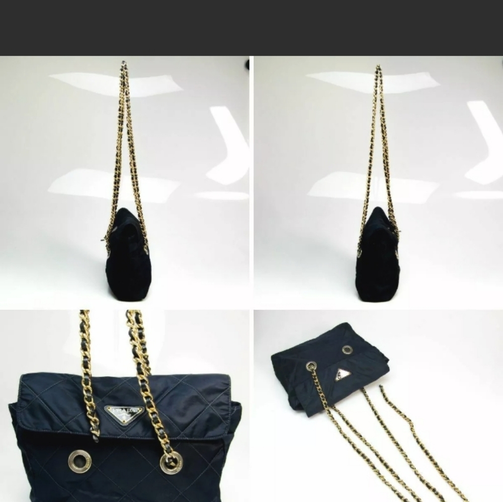 PRADA Gold Chain Bag Shoulder Bag 100% Authentic Navy Blue Crossbody Bag Tote